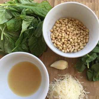 Basil, Roasted Pine Nuts, Spinach, Parmesan, Garlic, and Lemon Juice